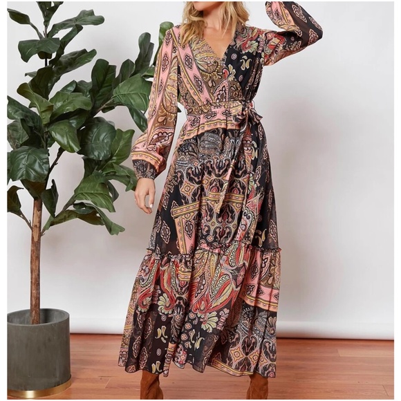 Boho Floral paisley Print Surplice Long Sleeve Maxi Dress - Picture 4 of 5